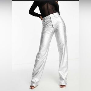 Naked Wardrobe Silver Crocodile Faux Leather Bootcut Pants Size Small